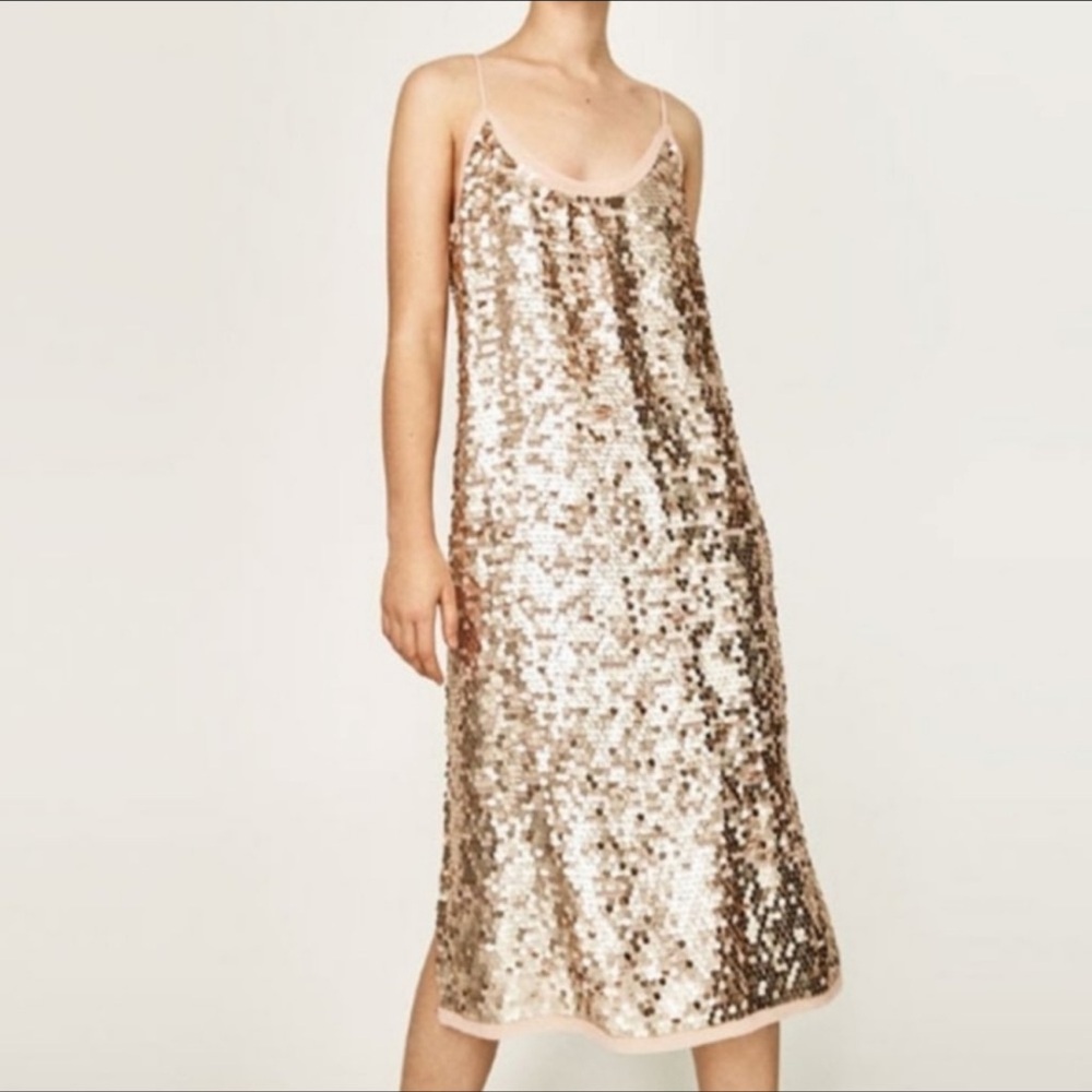 Zara Sequined Slip Dress in Champagne